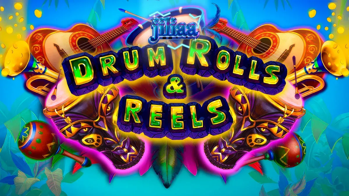 Makulay na disenyo ng Drum Rolls & Reels slot na may temang Brazilian carnival
